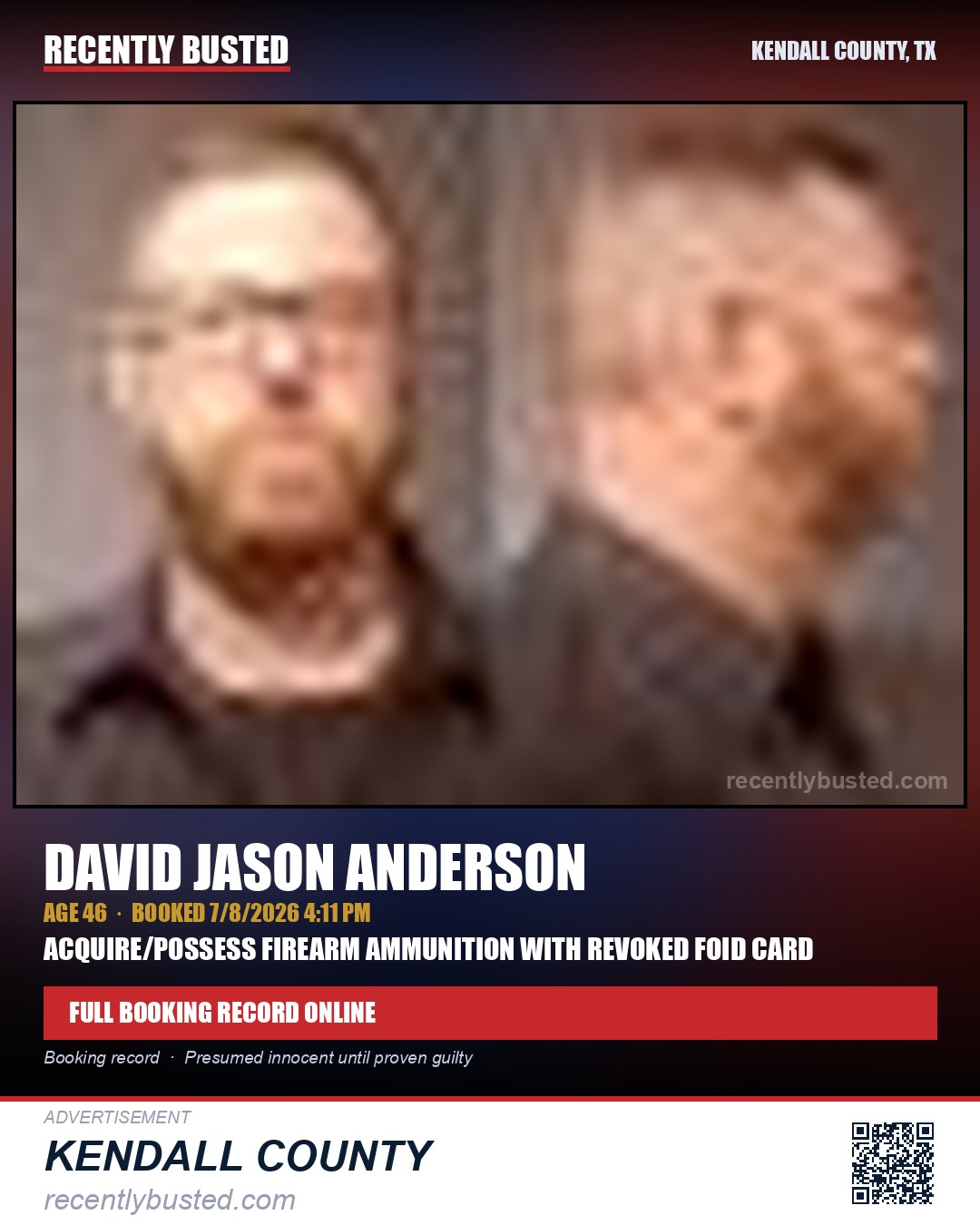 ANDERSON, DAVID JASON — arrest record card, Kendall County, Illinois