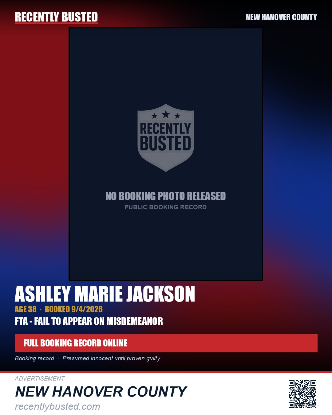 ASHLEY MARIE JACKSON — arrest record card, New Hanover County