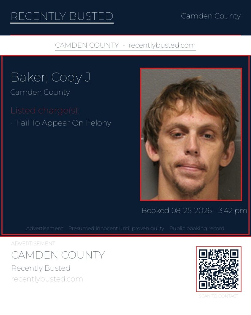 Baker, Cody J — arrest record card, Camden County