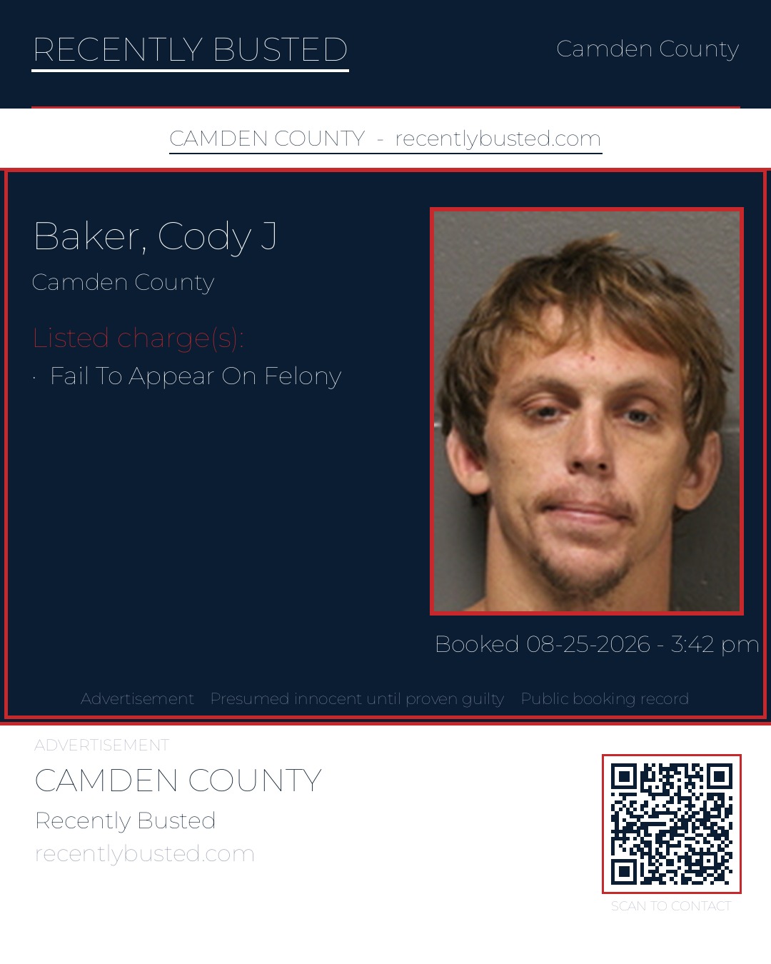 Baker, Cody J — arrest record card, Camden County