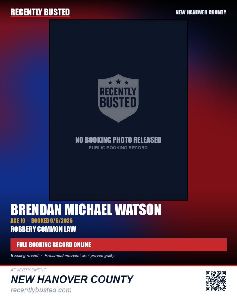 BRENDAN MICHAEL WATSON — arrest record card, New Hanover County