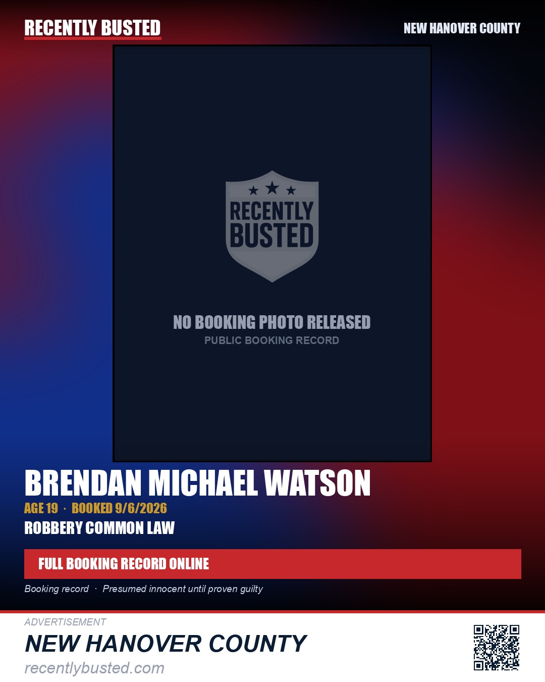 BRENDAN MICHAEL WATSON — arrest record card, New Hanover County