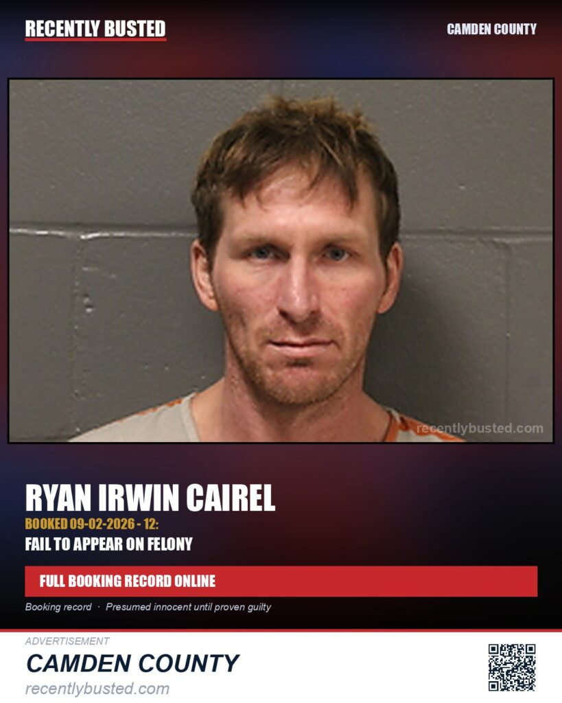 Cairel, Ryan Irwin — arrest record card, Camden County