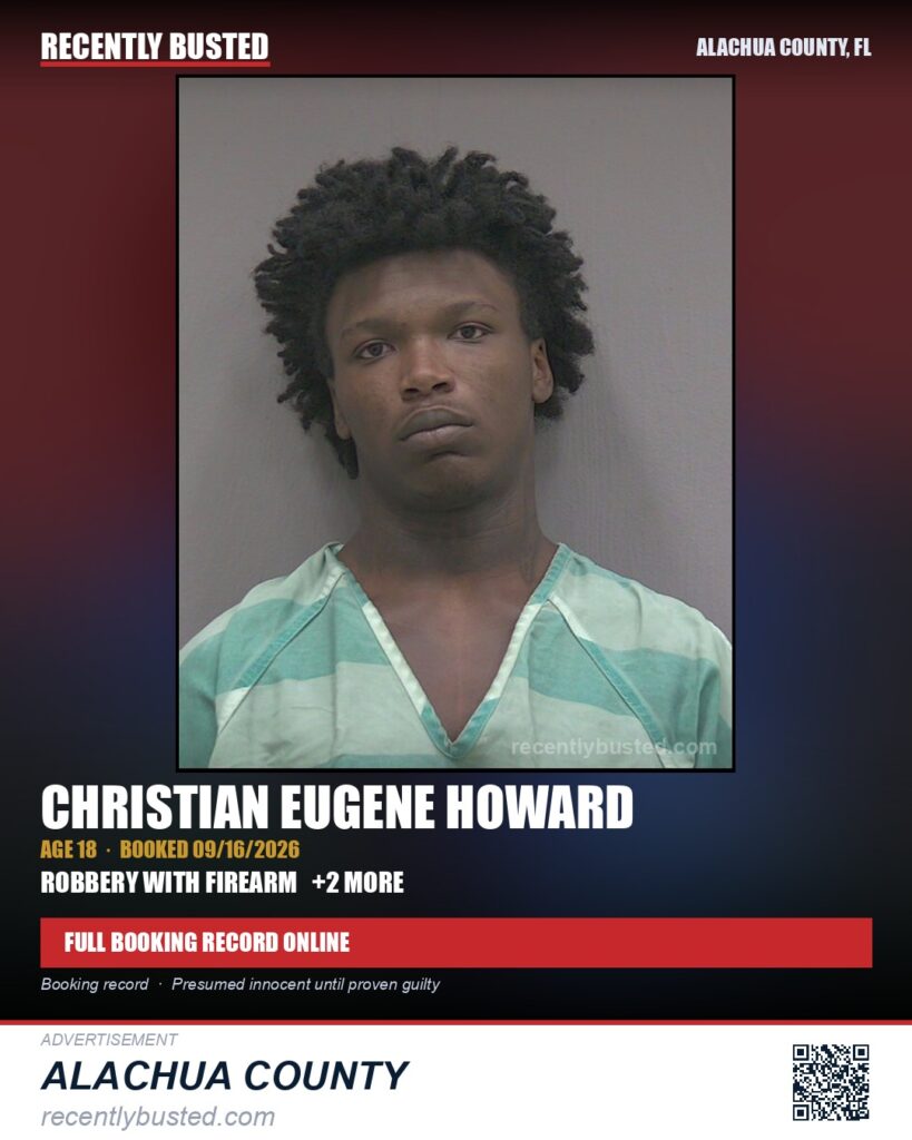 Christian Eugene Howard — arrest record card, Alachua County, Florida