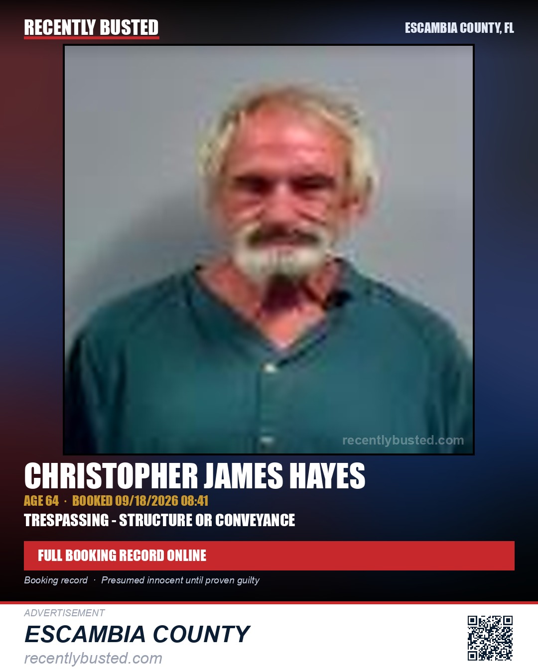 Christopher James Hayes — arrest record card, Escambia County, Florida