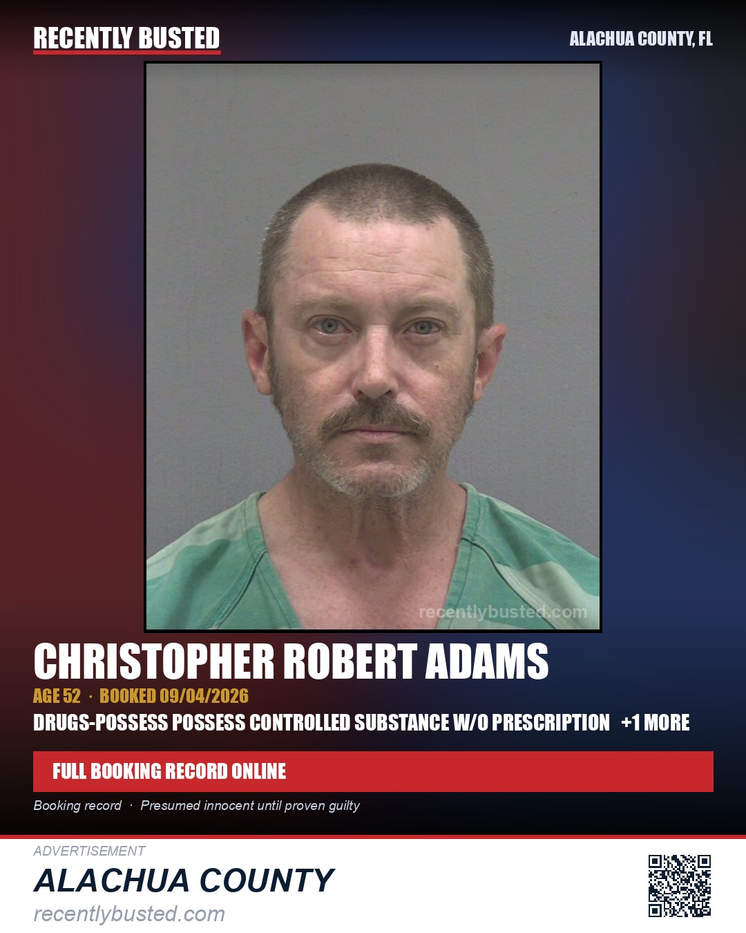 Christopher Robert Adams — arrest record card, Alachua County, Florida