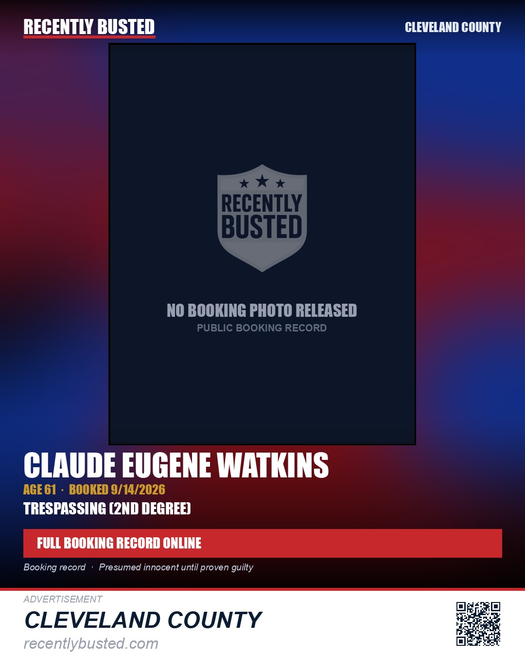 CLAUDE EUGENE WATKINS — arrest record card, Cleveland County