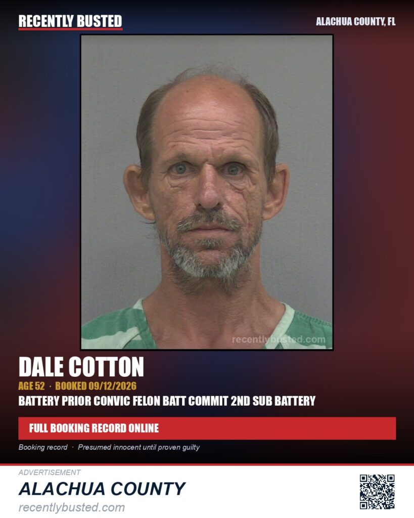 Dale Cotton — arrest record card, Alachua County, Florida