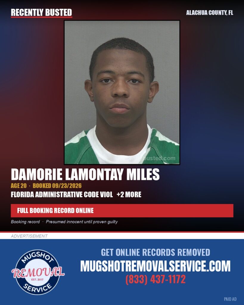 Damorie Lamontay Miles — arrest record card, Alachua County, Florida