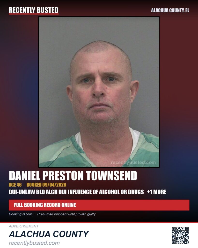 Daniel Preston Townsend — arrest record card, Alachua County, Florida