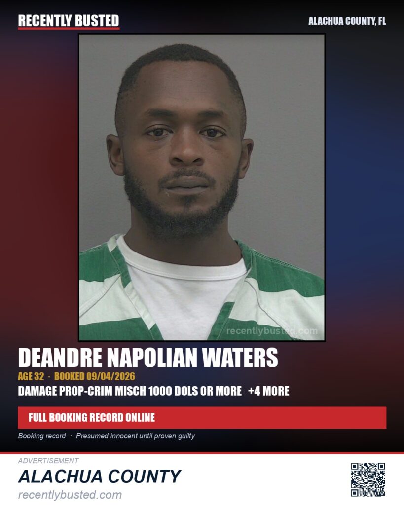 Deandre Napolian Waters — arrest record card, Alachua County, Florida