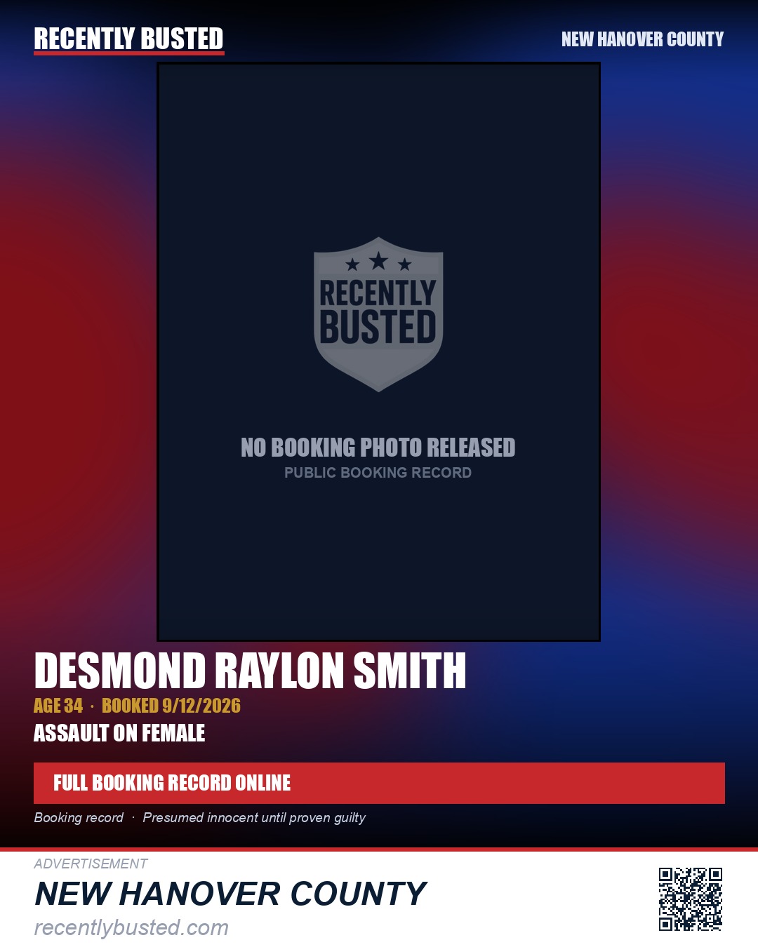 DESMOND RAYLON SMITH — arrest record card, New Hanover County