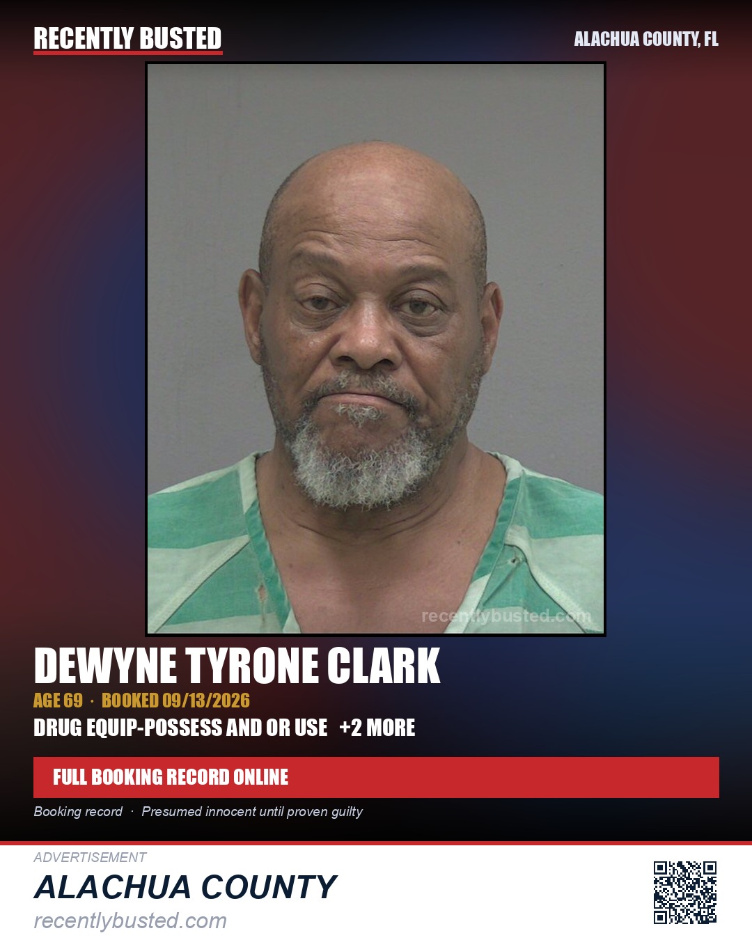 Dewyne Tyrone Clark — arrest record card, Alachua County, Florida