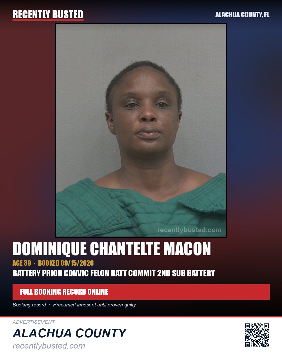 Dominique Chantelte Macon — arrest record card, Alachua County, Florida