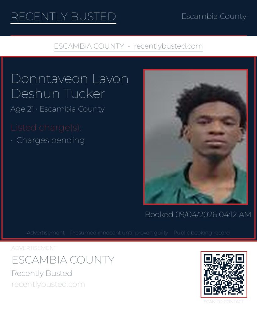 Donntaveon Lavon Deshun Tucker — arrest record card, Escambia County, Florida