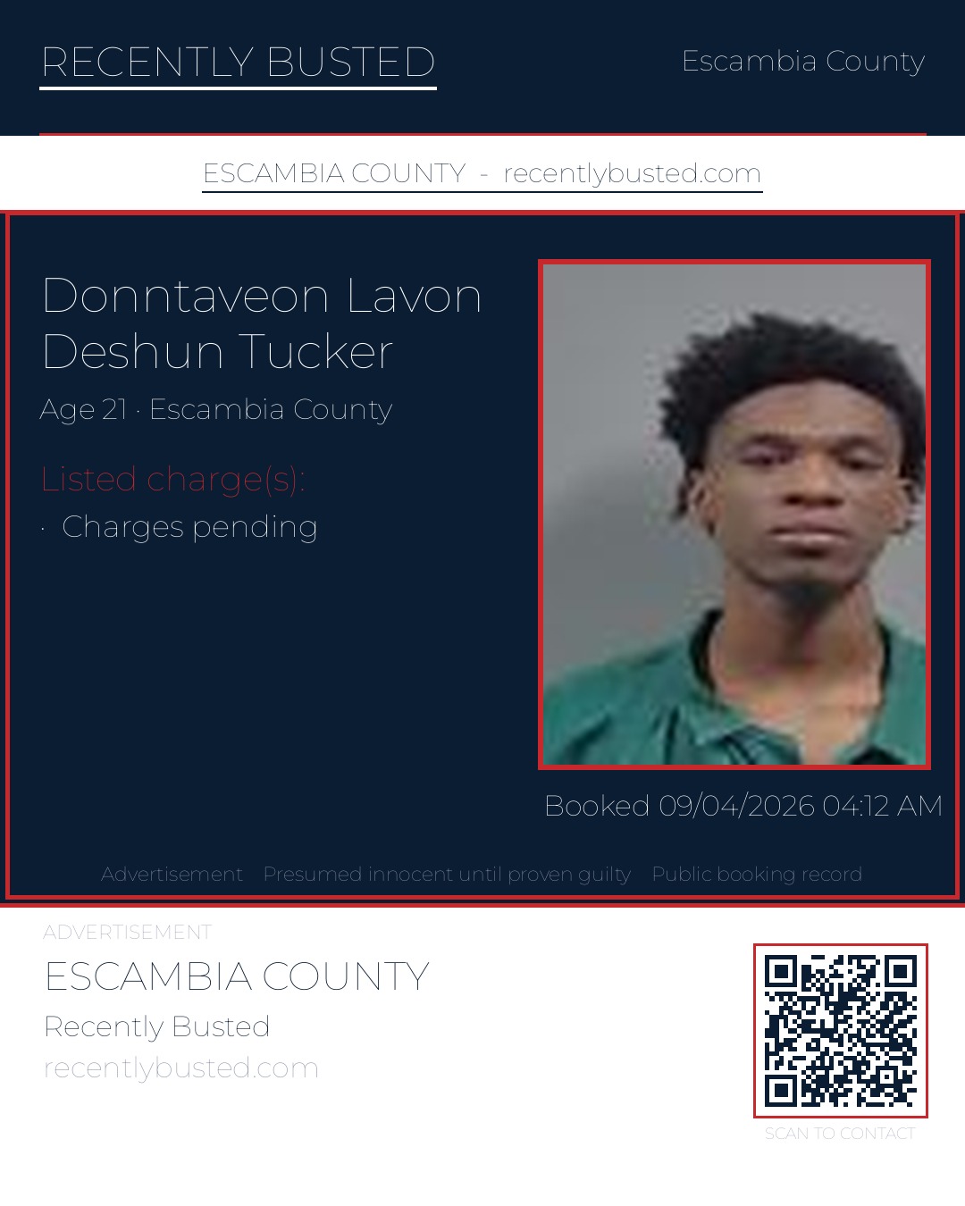 Donntaveon Lavon Deshun Tucker — arrest record card, Escambia County, Florida