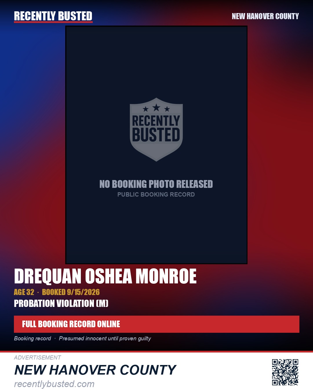 DREQUAN OSHEA MONROE — arrest record card, New Hanover County