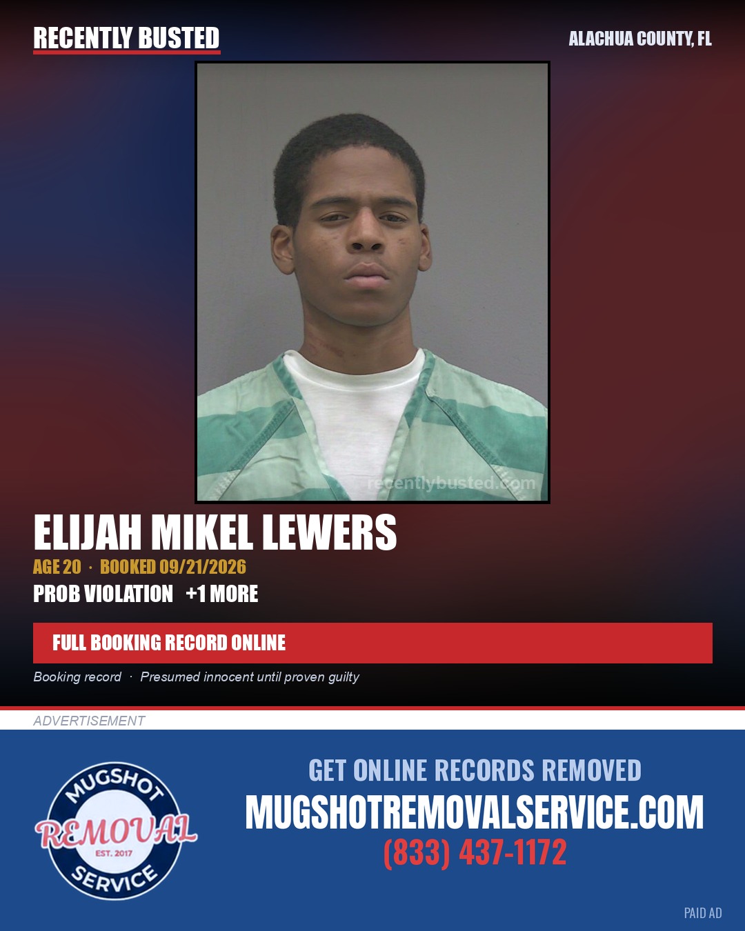 Elijah Mikel Lewers — arrest record card, Alachua County, Florida