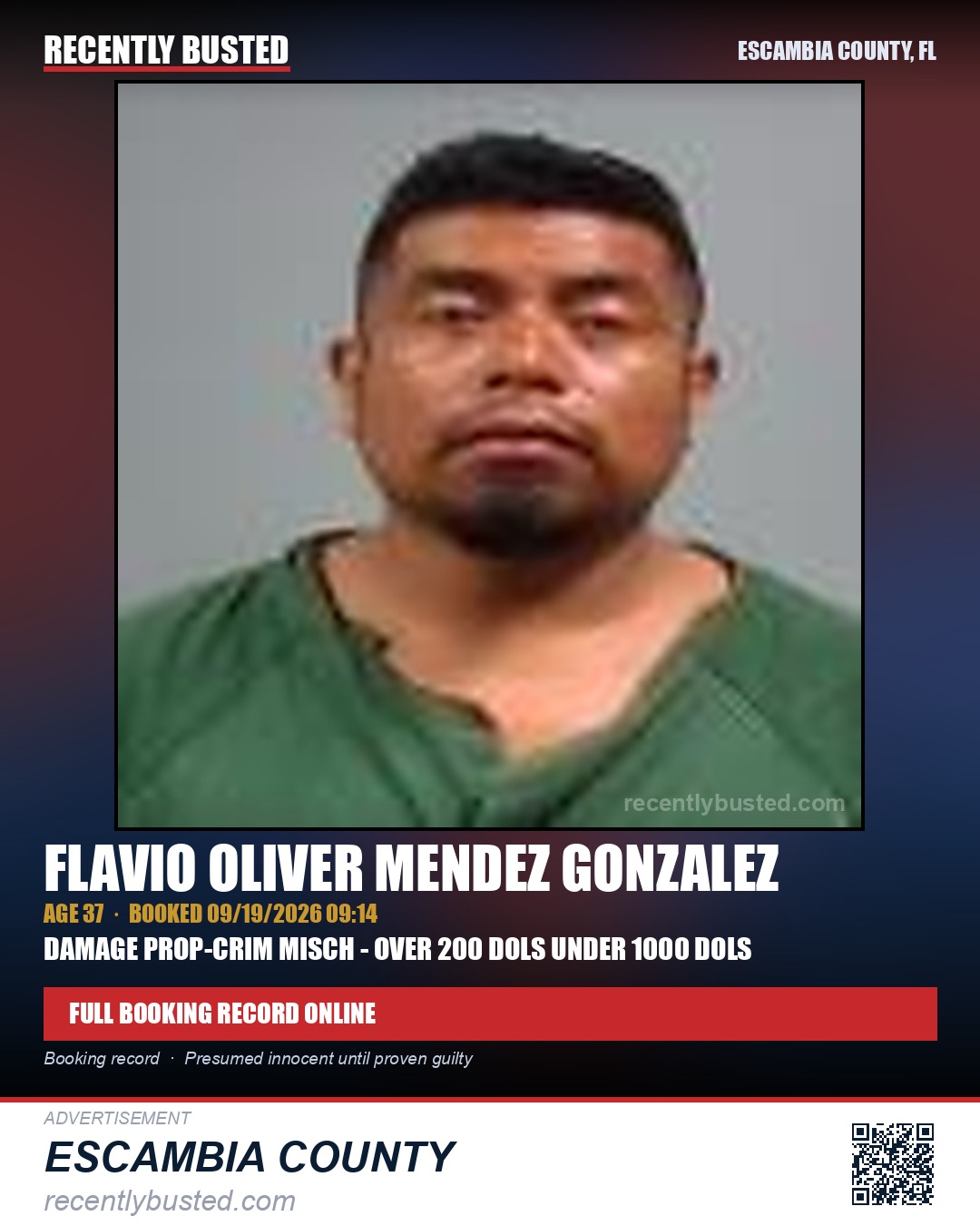 Flavio Oliver Mendez Gonzalez — arrest record card, Escambia County, Florida