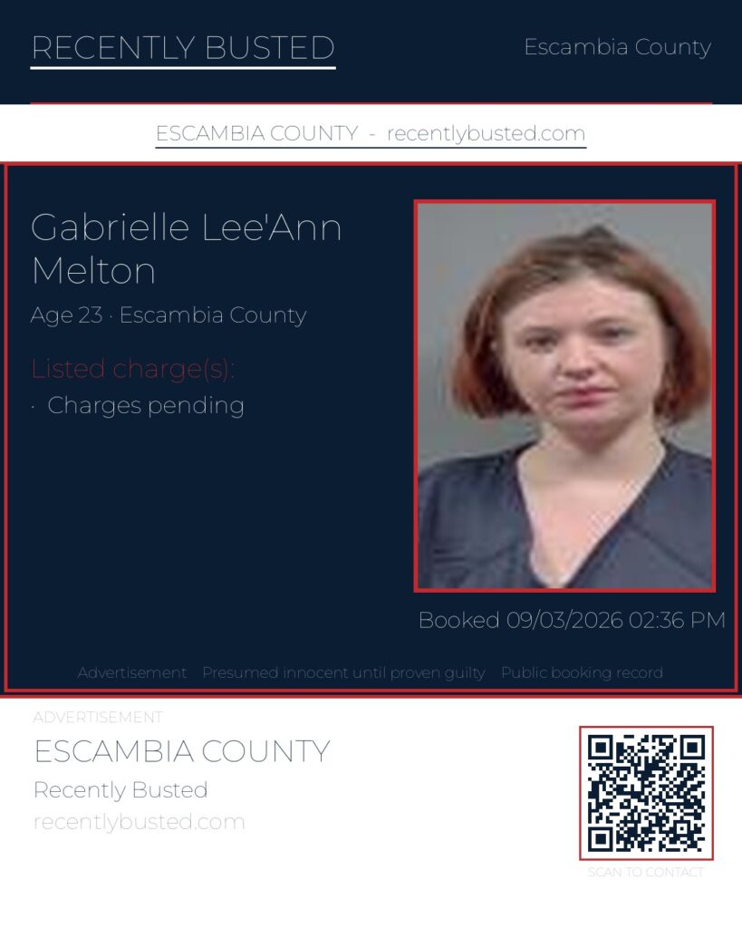 Gabrielle Lee’Ann Melton — arrest record card, Escambia County, Florida