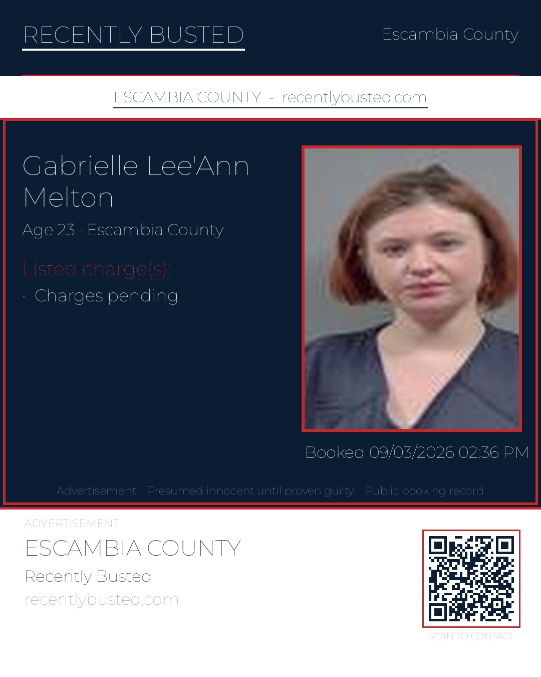 Gabrielle Lee'Ann Melton — arrest record card, Escambia County, Florida