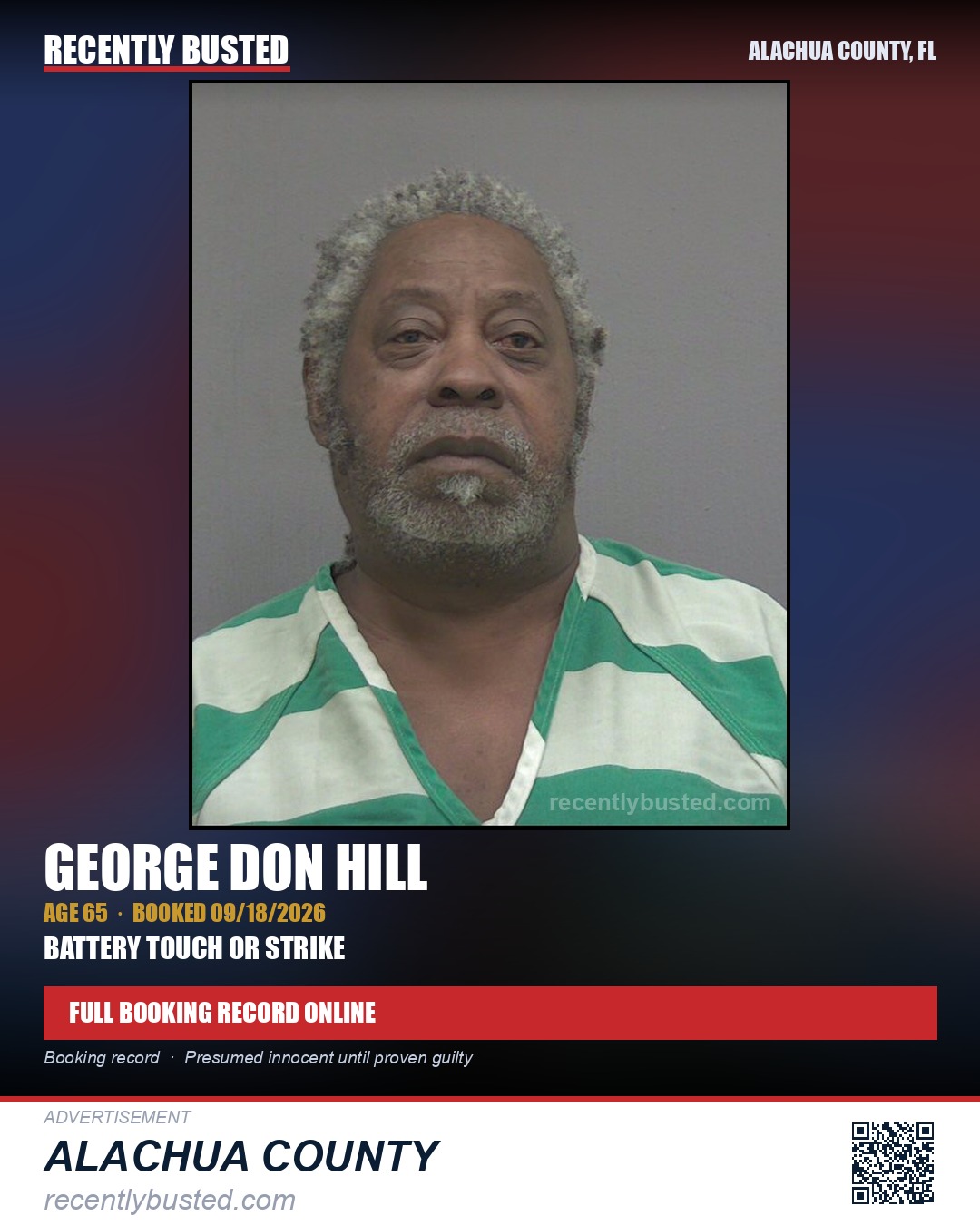 George Don Hill — arrest record card, Alachua County, Florida