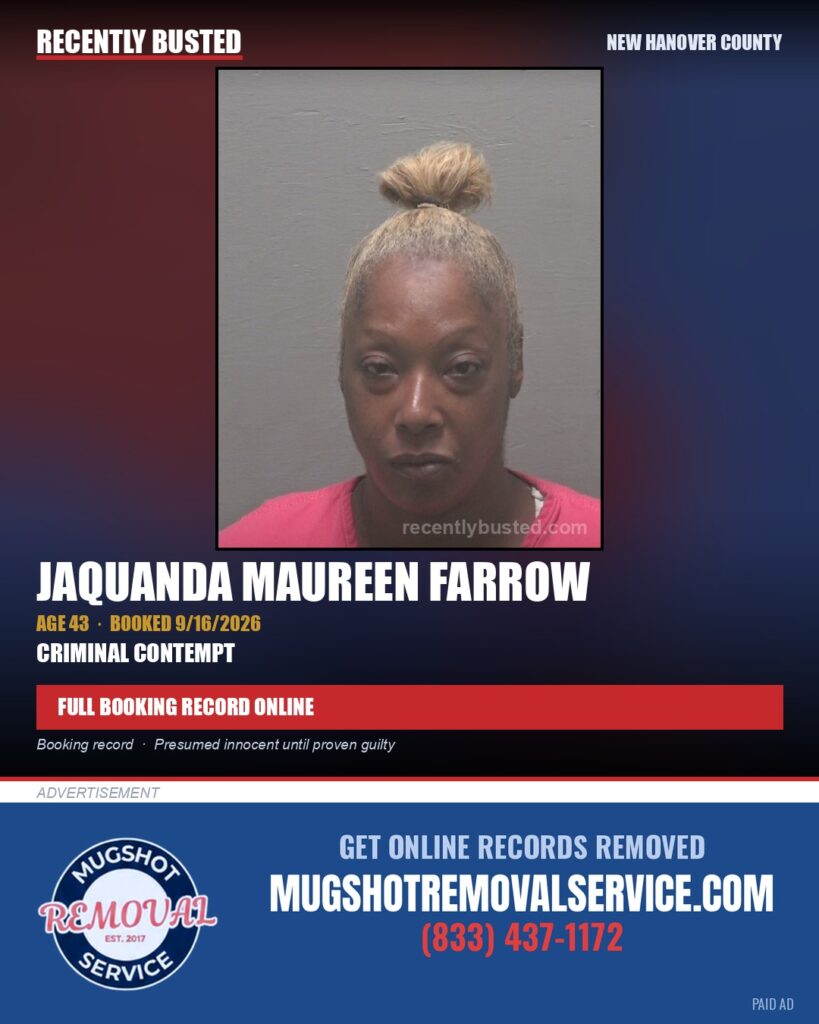 JAQUANDA MAUREEN FARROW — arrest record card, New Hanover County