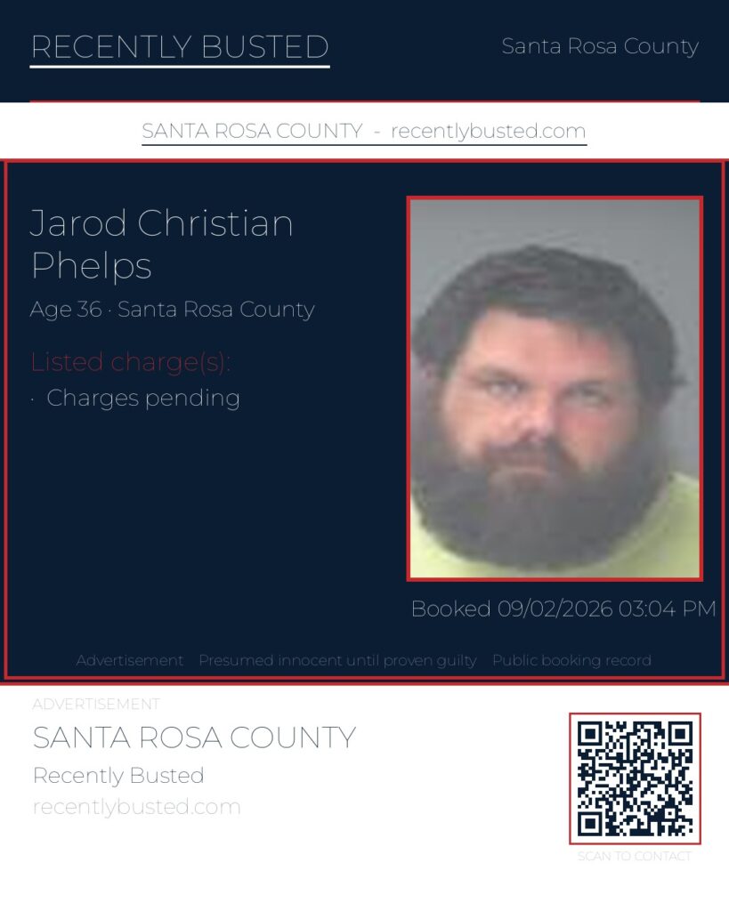 Jarod Christian Phelps — arrest record card, Santa Rosa County, Florida