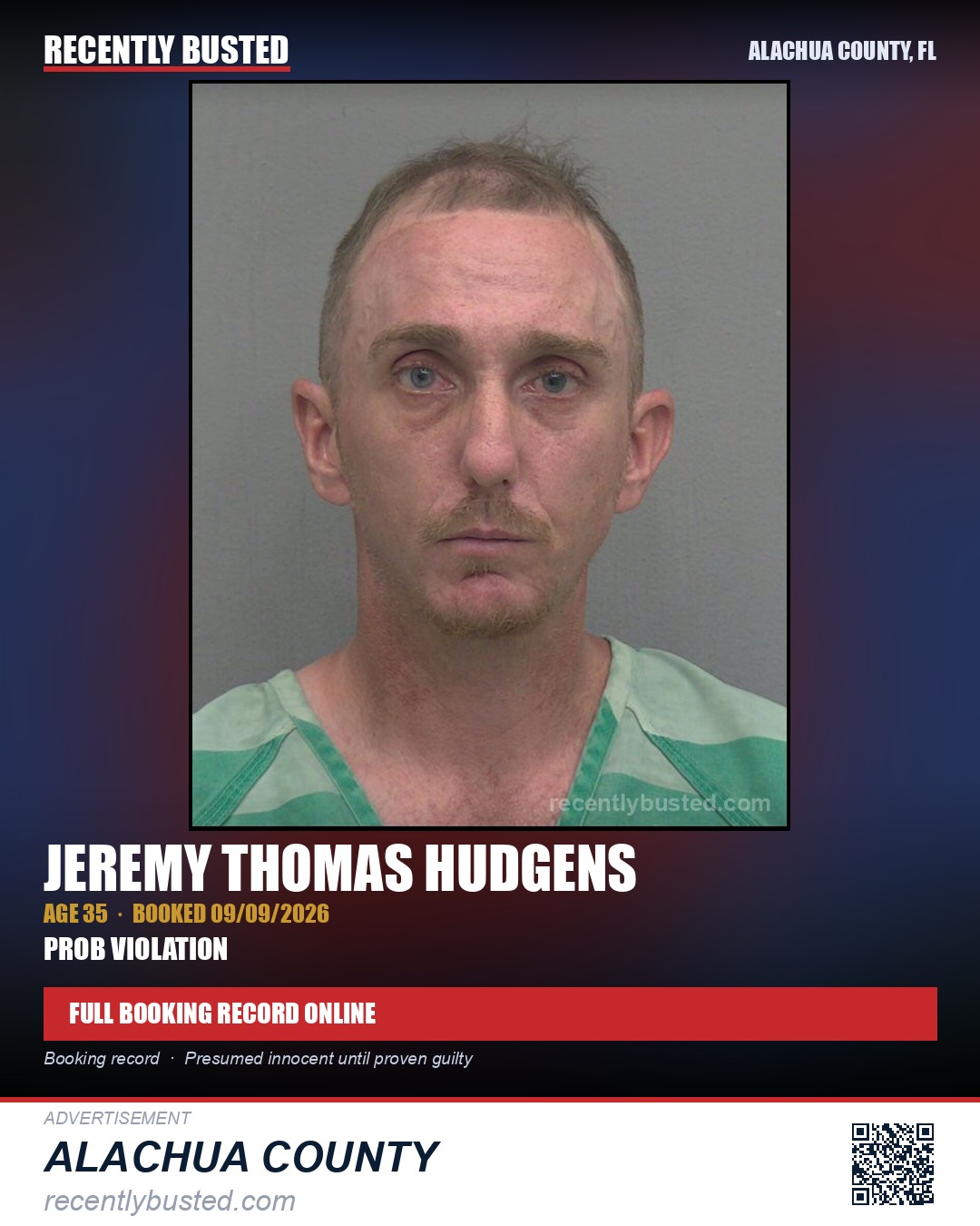 Jeremy Thomas Hudgens — arrest record card, Alachua County, Florida