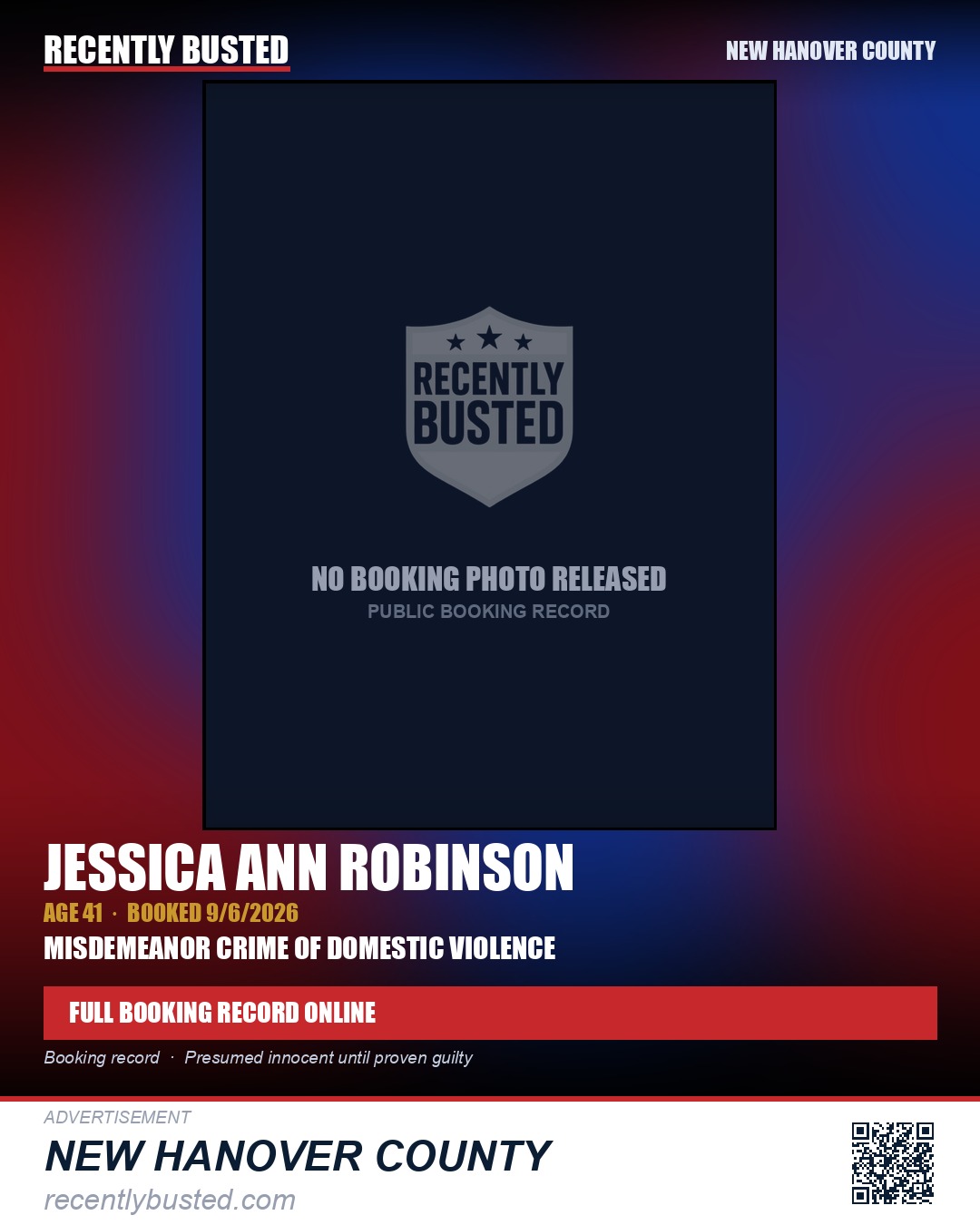 JESSICA ANN ROBINSON — arrest record card, New Hanover County