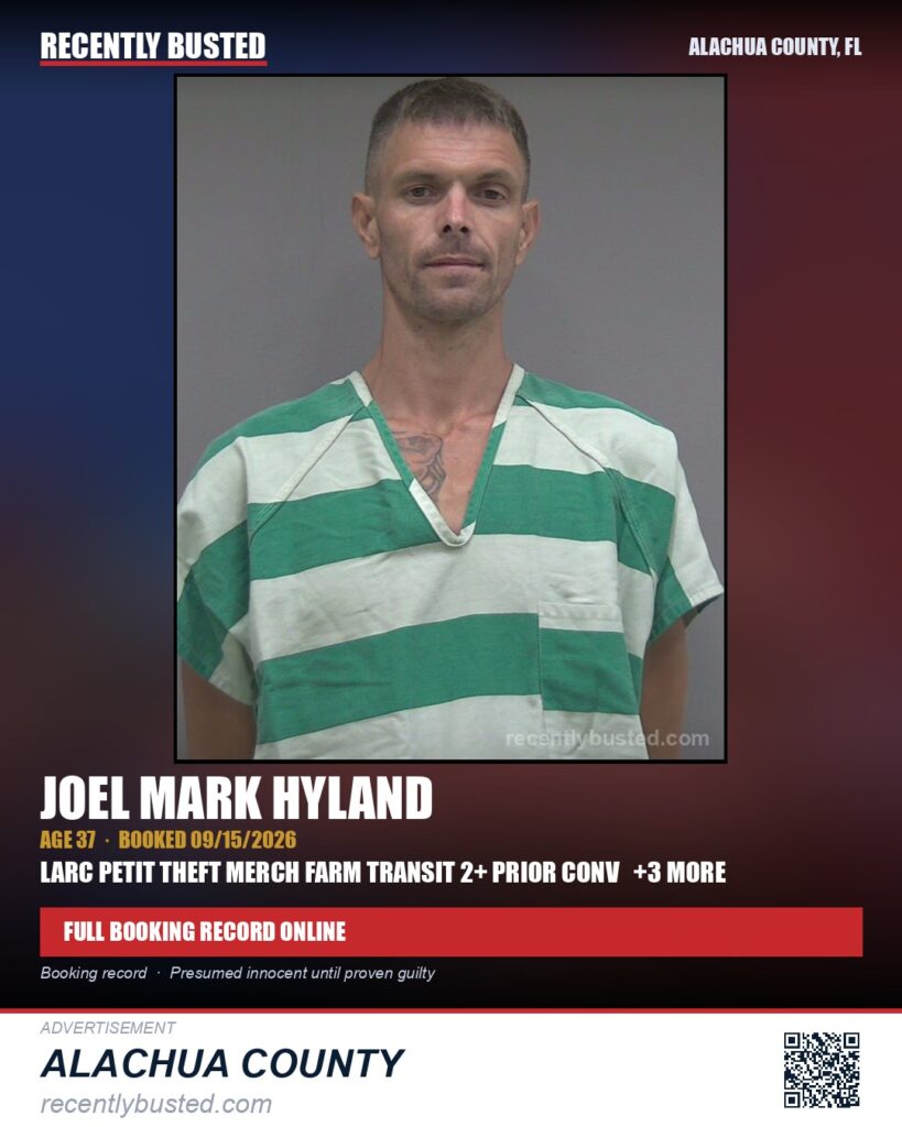 Joel Mark Hyland — arrest record card, Alachua County, Florida