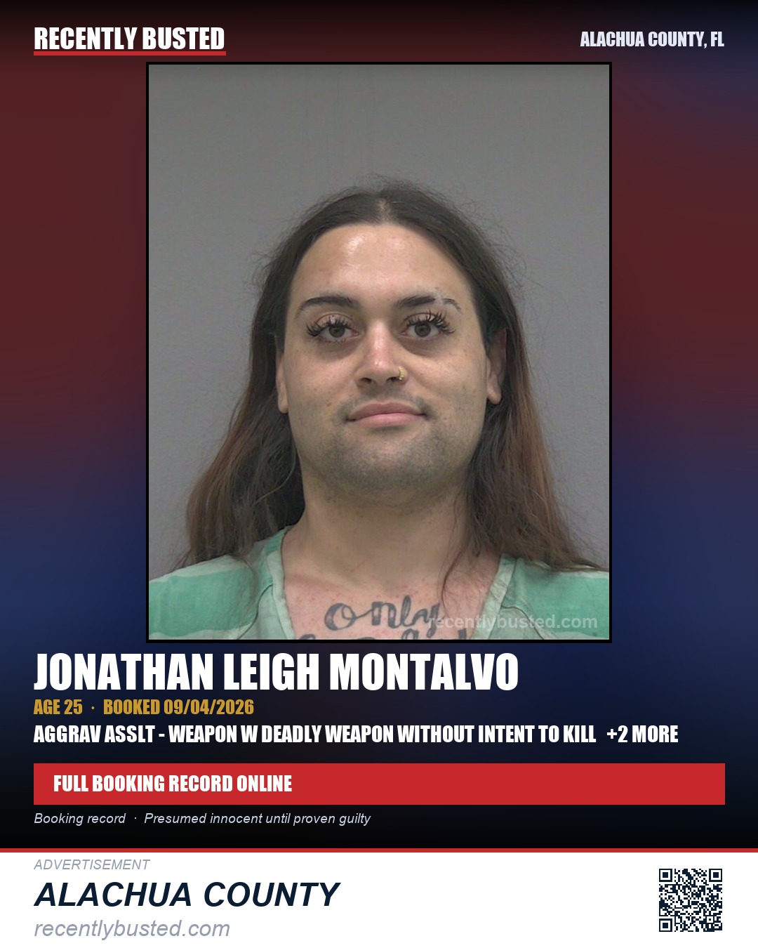 Jonathan Leigh Montalvo — arrest record card, Alachua County, Florida