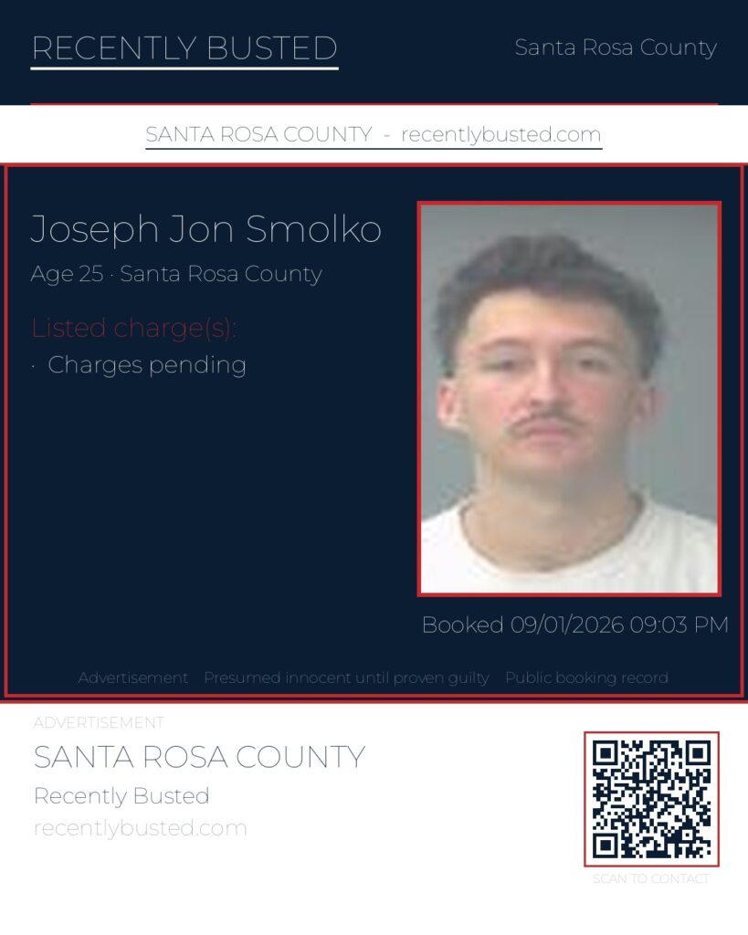 Joseph Jon Smolko — arrest record card, Santa Rosa County, Florida
