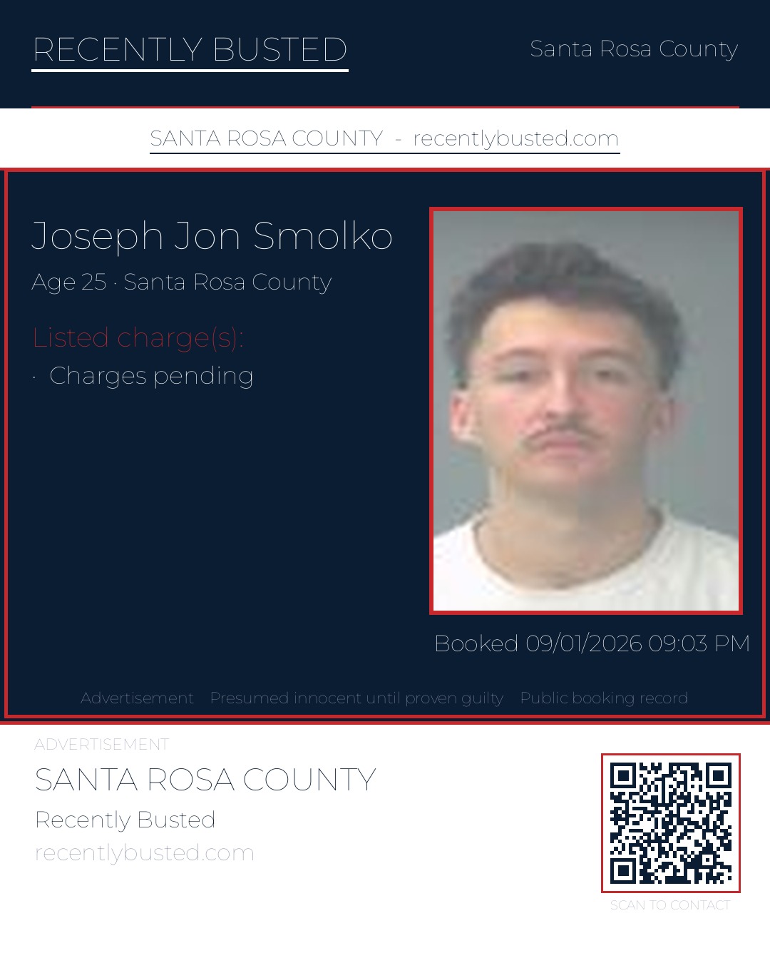 Joseph Jon Smolko — arrest record card, Santa Rosa County, Florida