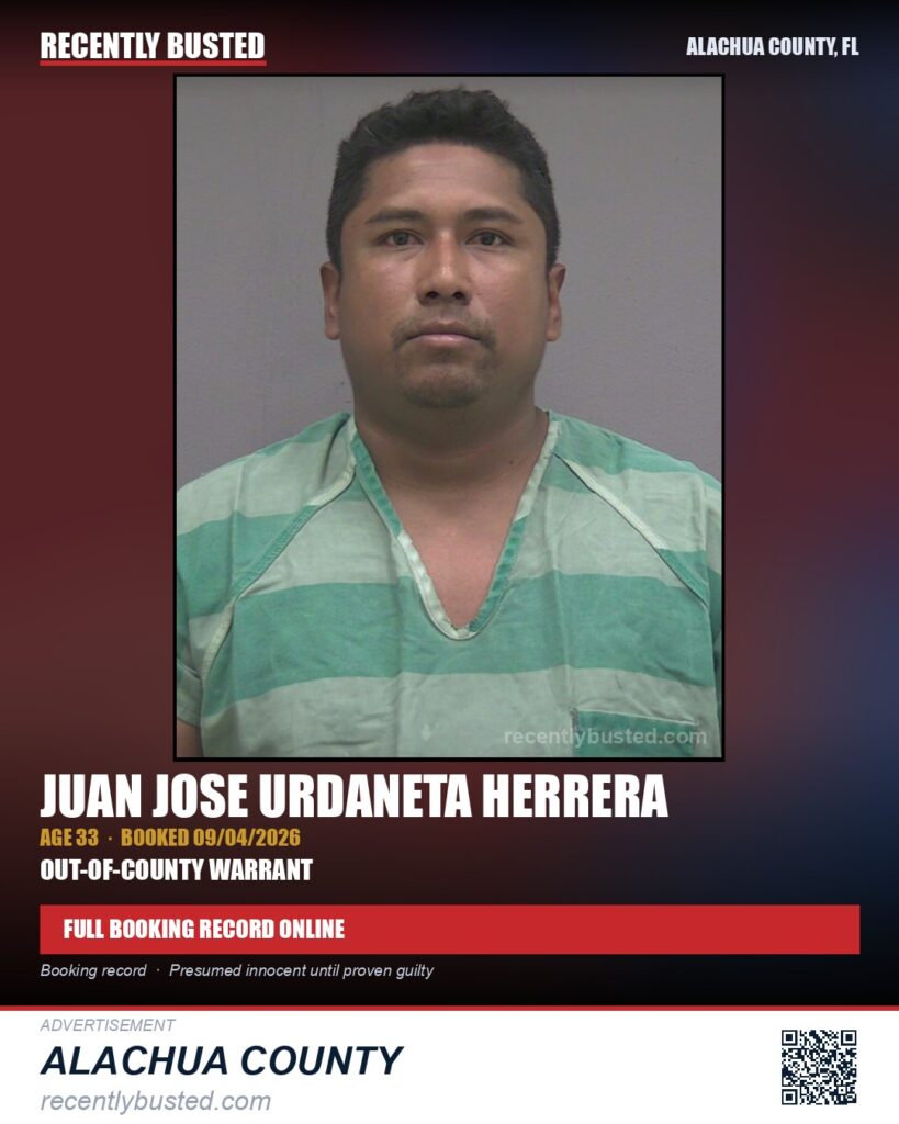 Juan Jose Urdaneta Herrera — arrest record card, Alachua County, Florida