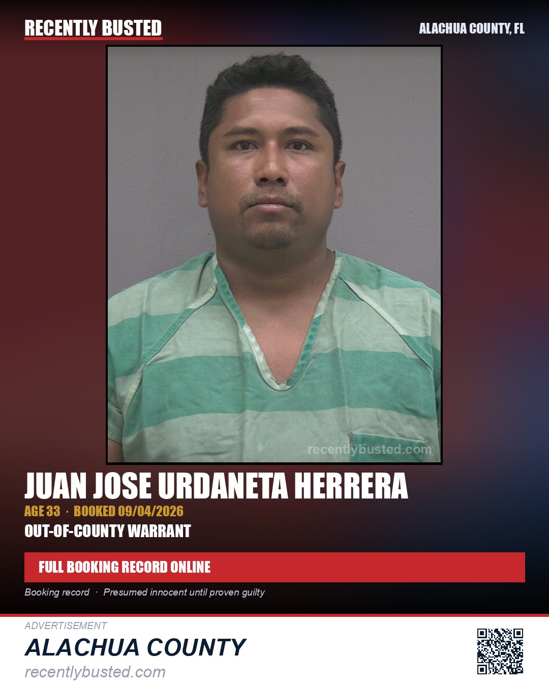 Juan Jose Urdaneta Herrera — arrest record card, Alachua County, Florida
