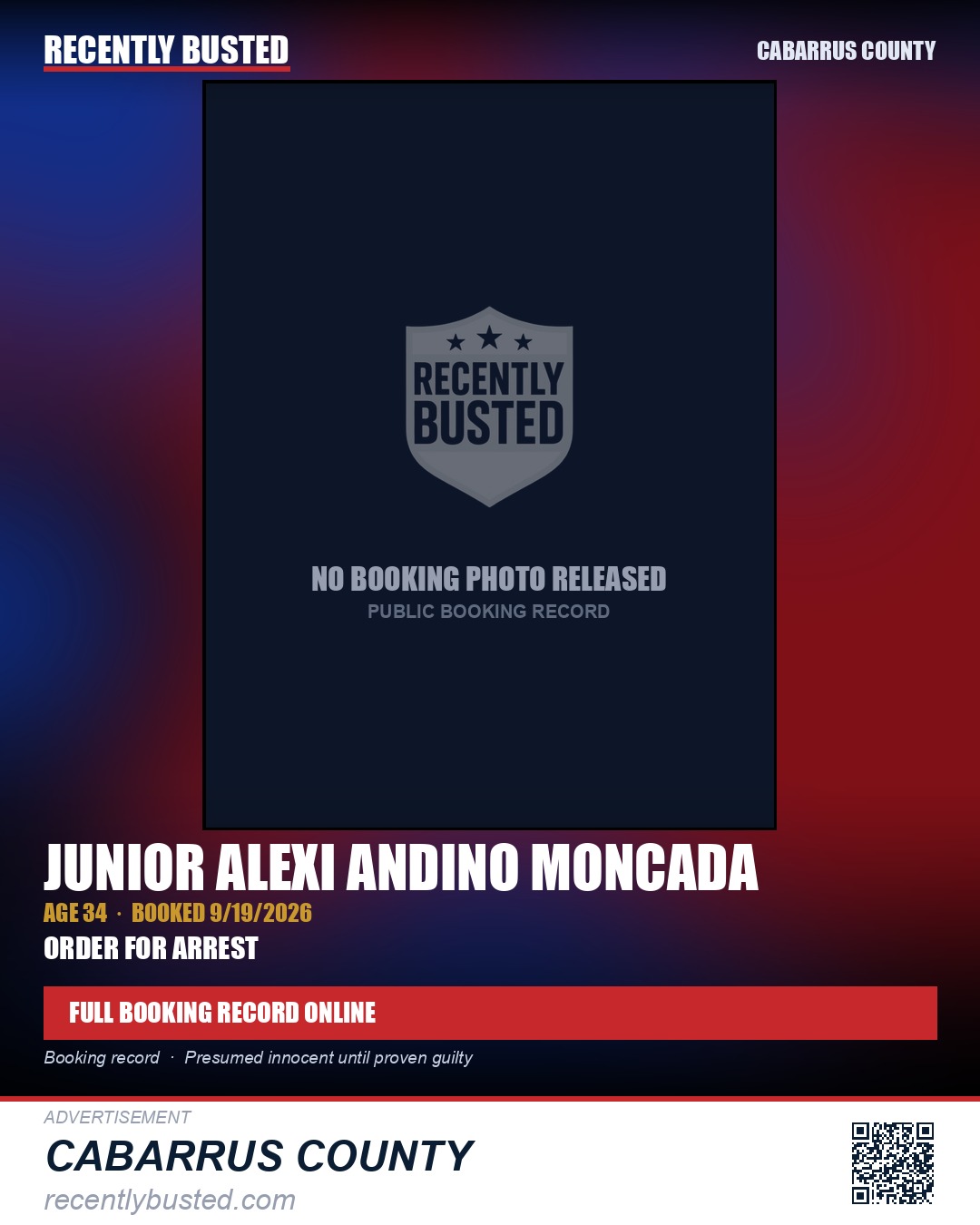 JUNIOR ALEXI ANDINO MONCADA — arrest record card, Cabarrus County