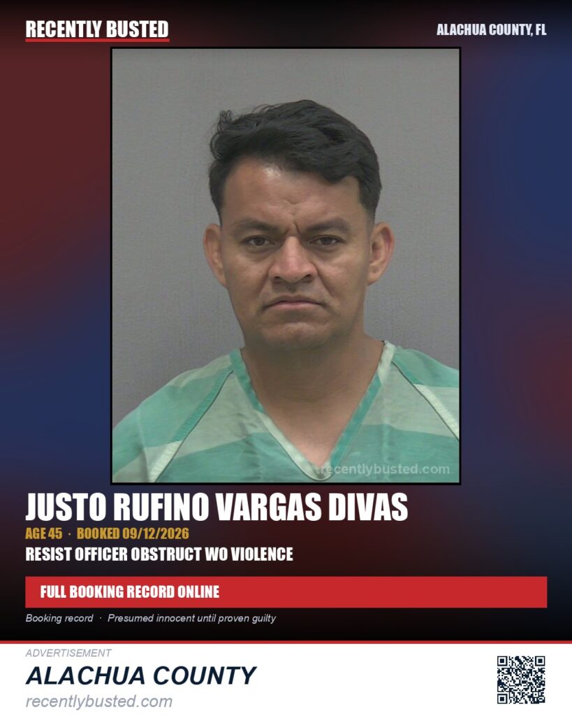 Justo Rufino Vargas Divas — arrest record card, Alachua County, Florida