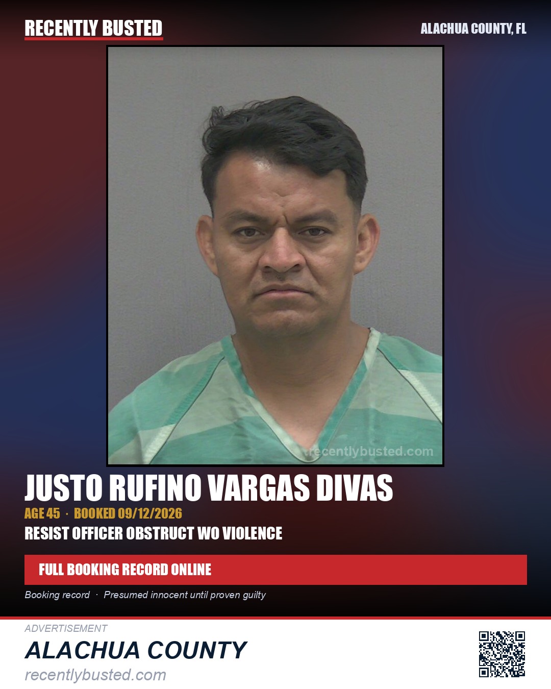 Justo Rufino Vargas Divas — arrest record card, Alachua County, Florida