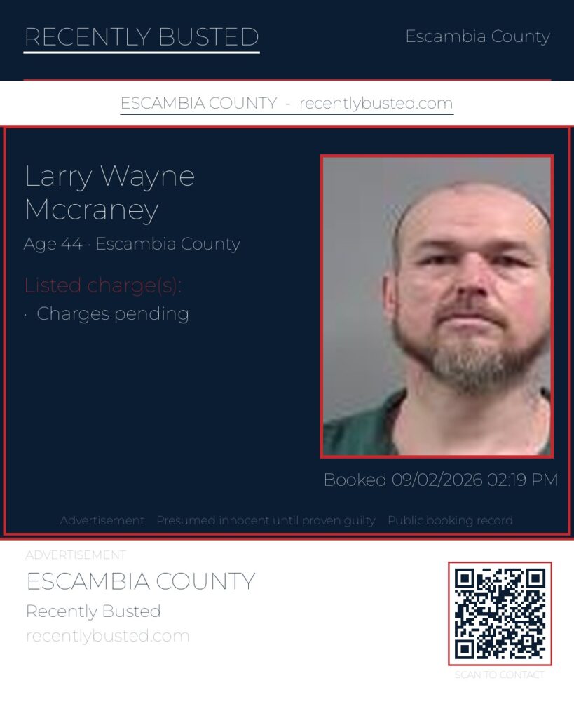 Larry Wayne Mccraney — arrest record card, Escambia County, Florida