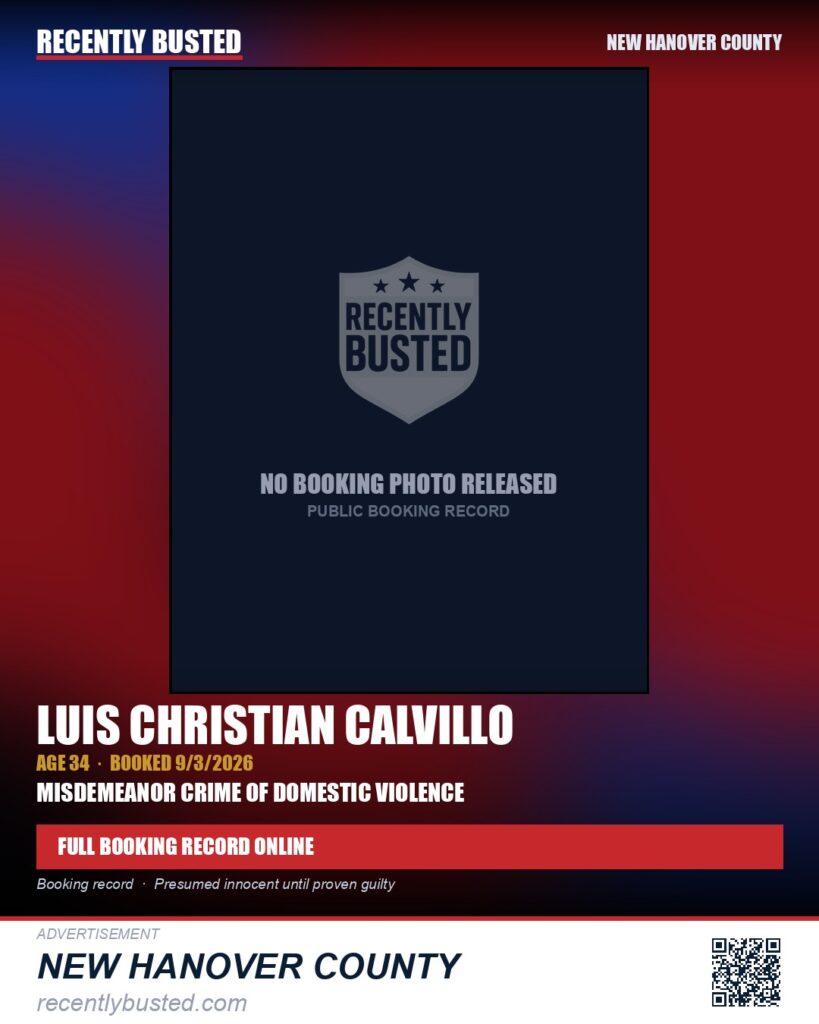 LUIS CHRISTIAN CALVILLO — arrest record card, New Hanover County