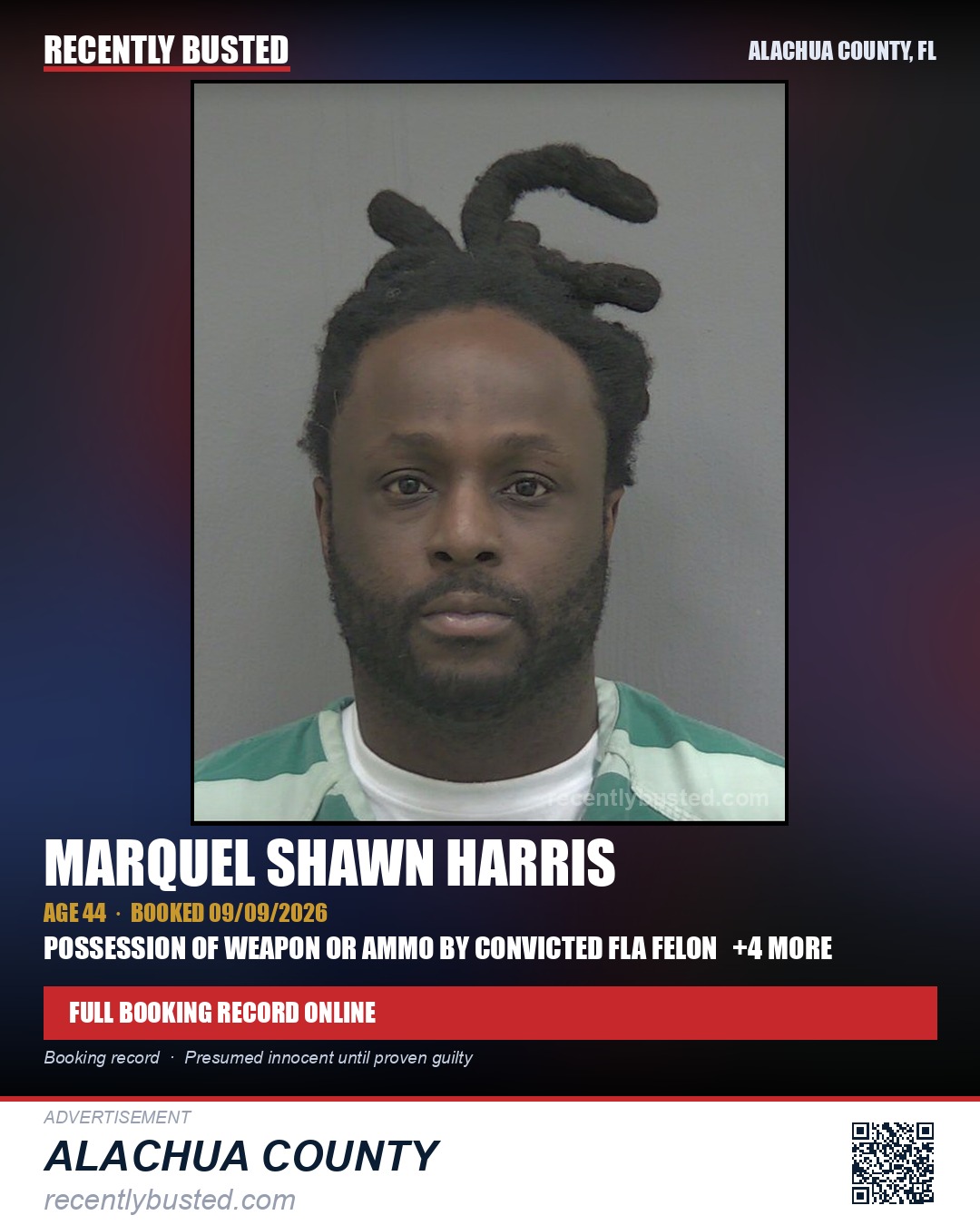 Marquel Shawn Harris — arrest record card, Alachua County, Florida