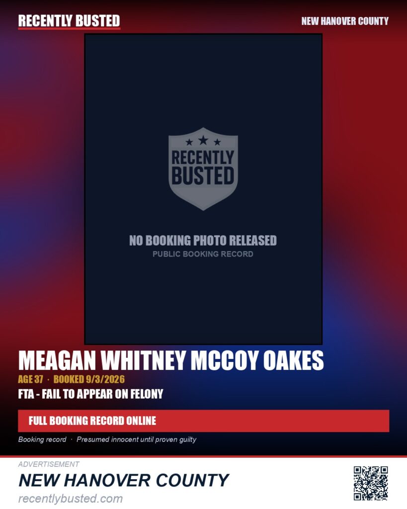 MEAGAN WHITNEY MCCOY OAKES — arrest record card, New Hanover County