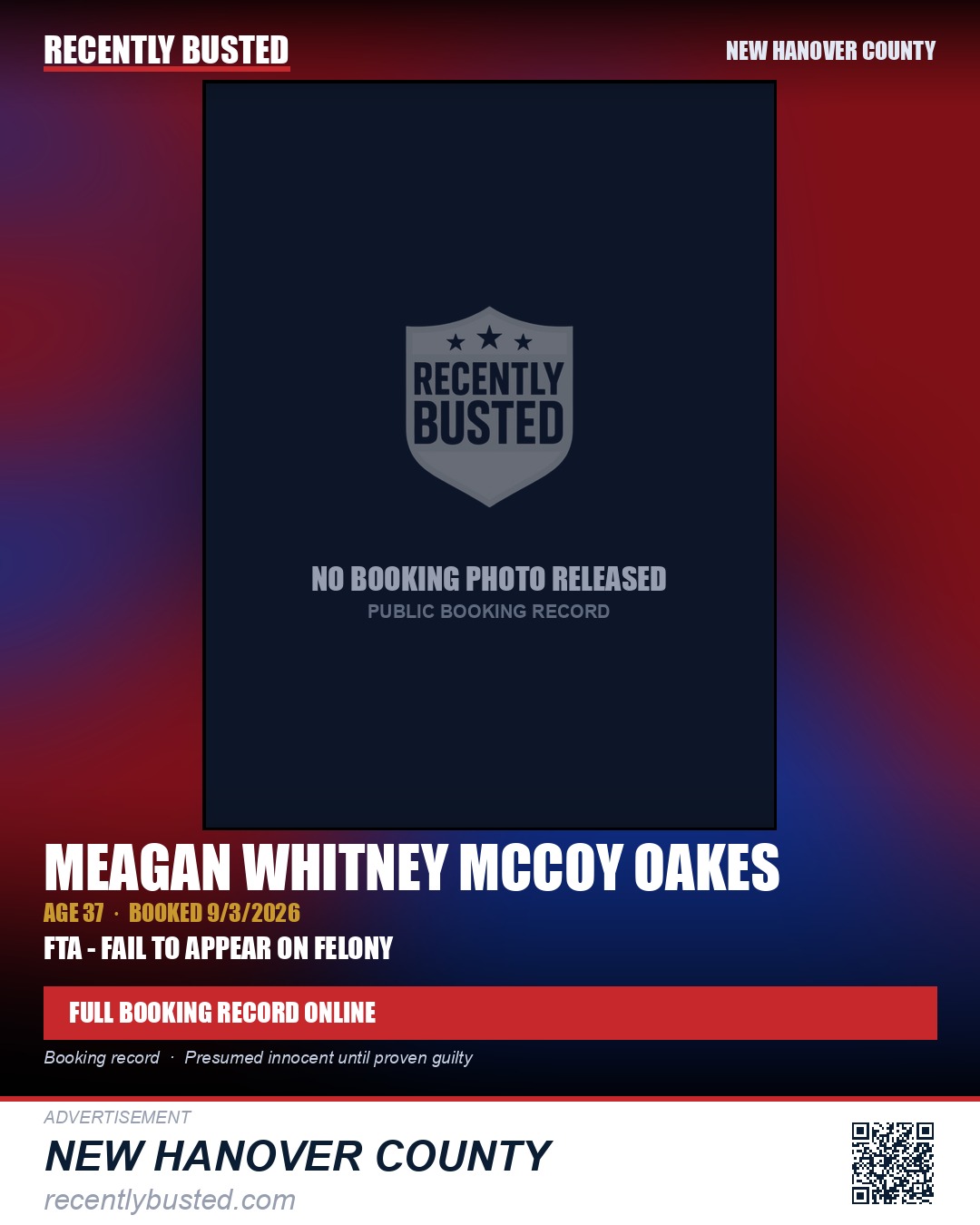 MEAGAN WHITNEY MCCOY OAKES — arrest record card, New Hanover County