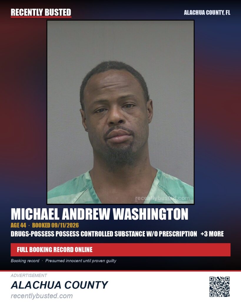 Michael Andrew Washington — arrest record card, Alachua County, Florida