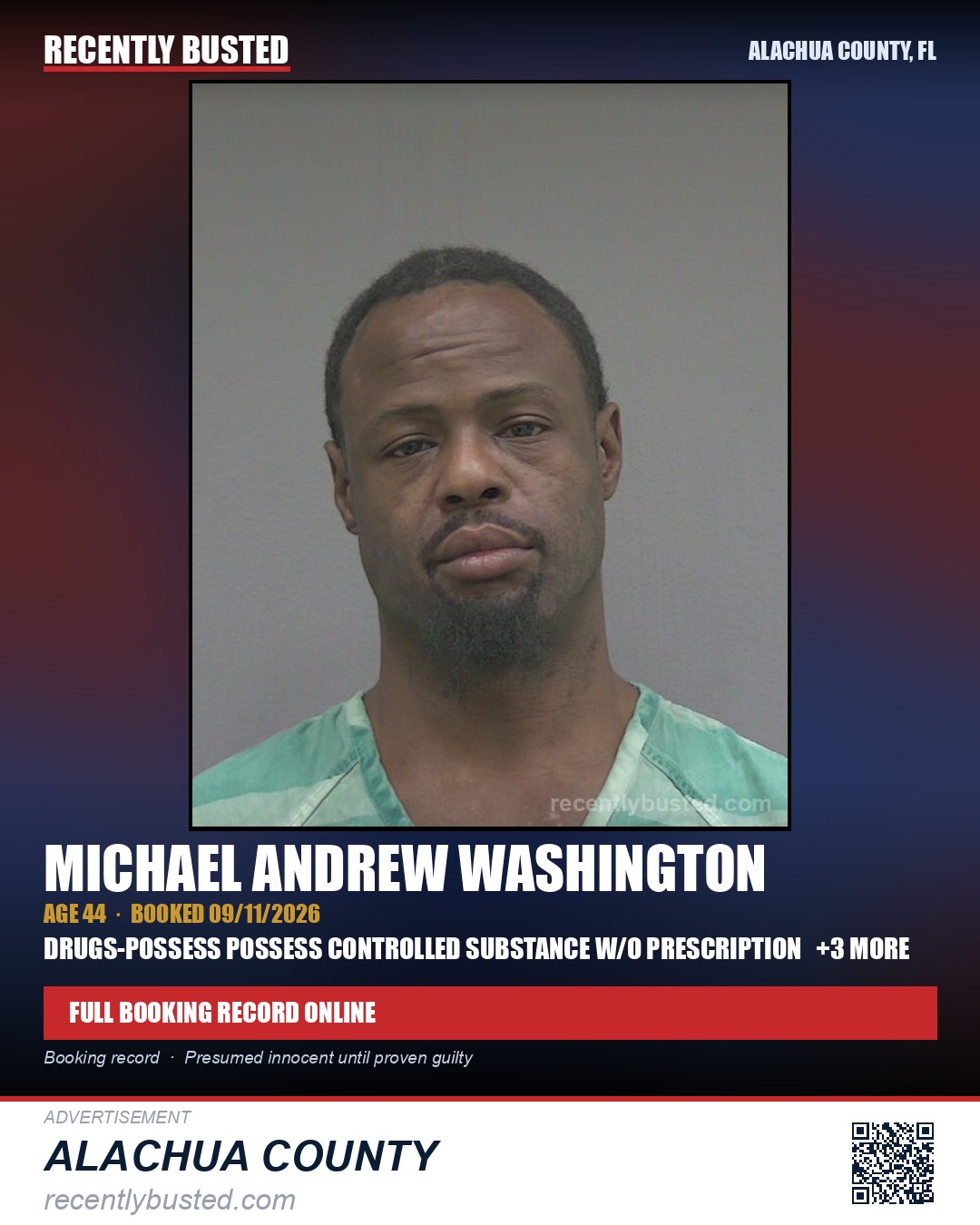 Michael Andrew Washington — arrest record card, Alachua County, Florida