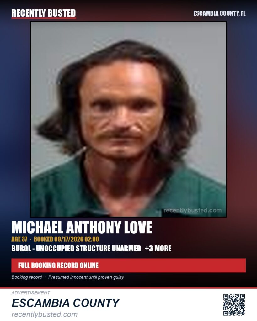 Michael Anthony Love — arrest record card, Escambia County, Florida
