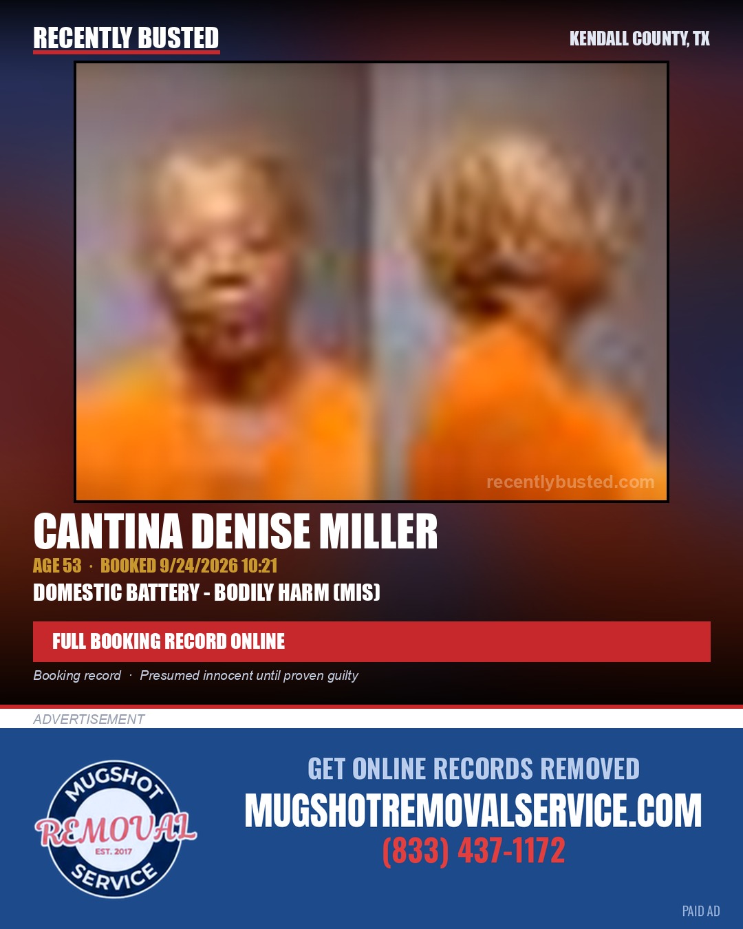 MILLER, CANTINA DENISE — arrest record card, Kendall County, Illinois
