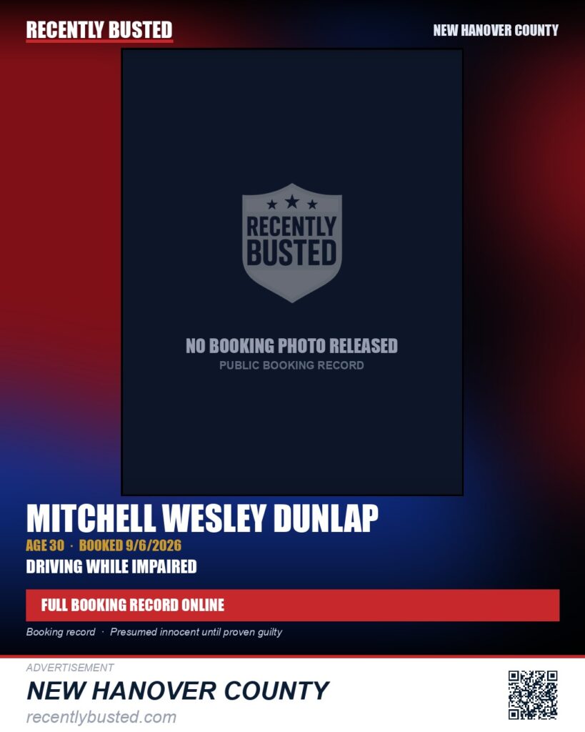 MITCHELL WESLEY DUNLAP — arrest record card, New Hanover County