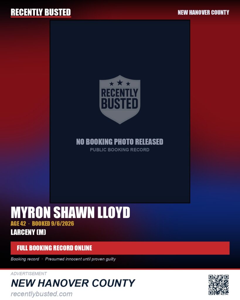 MYRON SHAWN LLOYD — arrest record card, New Hanover County